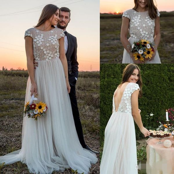 2019 3d floral applique country wedding dresses backless short sleeves sweep train tulle plus size wedding gown vestido de novia, White
2019 3d floral applique country wedding dresses backless short sleeves sweep train tulle plus size wedding gown vestido de novia, White