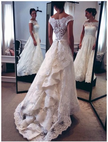 vintage a line wedding dresses lace scoop sleeveless ruffle bridal gowns sweep train covered button wedding dress custom made, White
vintage a line wedding dresses lace scoop sleeveless ruffle bridal gowns sweep train covered button wedding dress custom made, White