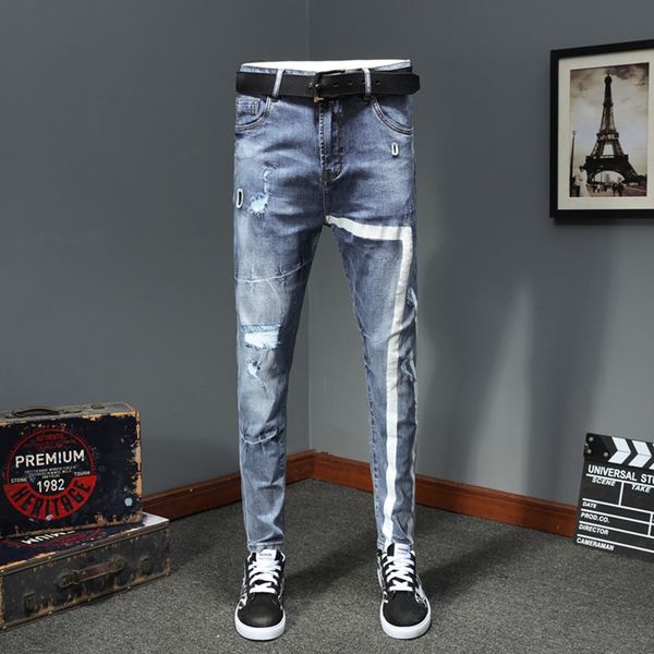 men's ripped jeans light blue slim fit stretch cotton denim stripe print pants summer spring youth denim trousers
men's ripped jeans light blue slim fit stretch cotton denim stripe print pants summer spring youth denim trousers