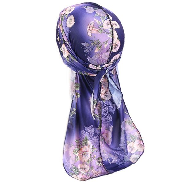 imitation silk durag pirate cap floral feahter print long tail turban hat m7dd, Blue;gray
