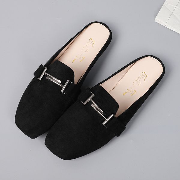 hkxn autumn women's suede women's flats mule casual half slippers outdoor fashion square shoes, Black