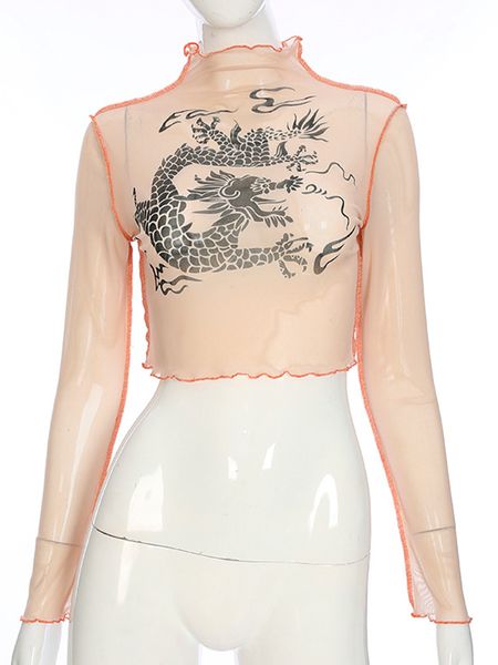 women mesh sheer see-through chinese dragon print long sleeve crop short t shirt, White
women mesh sheer see-through chinese dragon print long sleeve crop short t shirt, White