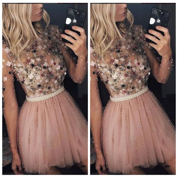 long sleeves 2021 tulle homecoming dresses beaded pearls with petal adorned short special occasion party gowns custom graduations wear, Blue;pink
long sleeves 2021 tulle homecoming dresses beaded pearls with petal adorned short special occasion party gowns custom graduations wear, Blue;pink