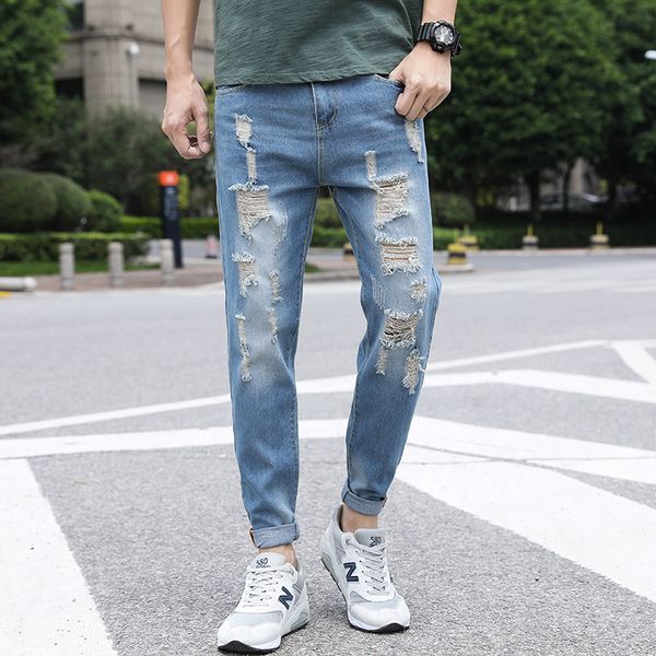 men's jeans men tide brand slim holes nine points feet summer thin section begging pants, Blue
men's jeans men tide brand slim holes nine points feet summer thin section begging pants, Blue