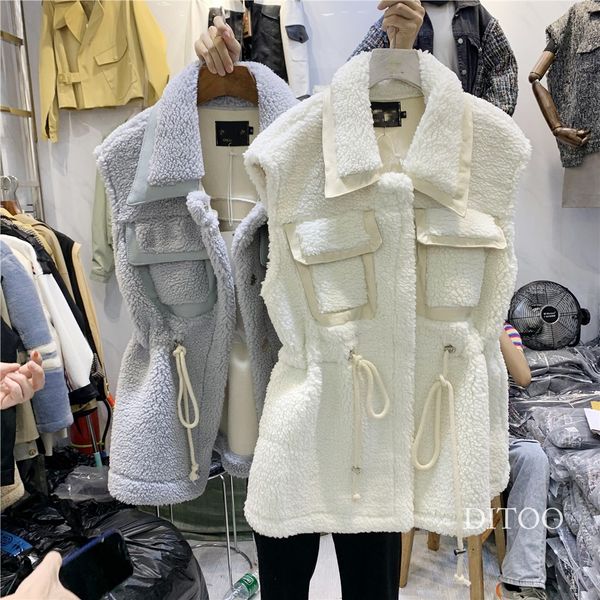 cashmere coat 2019 new autumn and winter women's mid length drawstring lamb fur vest jacket female warm fleece waistcoat, Black;white 
cashmere coat 2019 new autumn and winter women's mid length drawstring lamb fur vest jacket female warm fleece waistcoat, Black;white