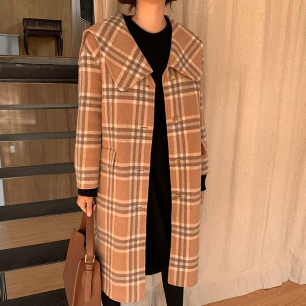 korea women autumn winter long sleeve turn down collar plaid long wool coat single breasted woolen overcoat with pocket outwear, Black
korea women autumn winter long sleeve turn down collar plaid long wool coat single breasted woolen overcoat with pocket outwear, Black