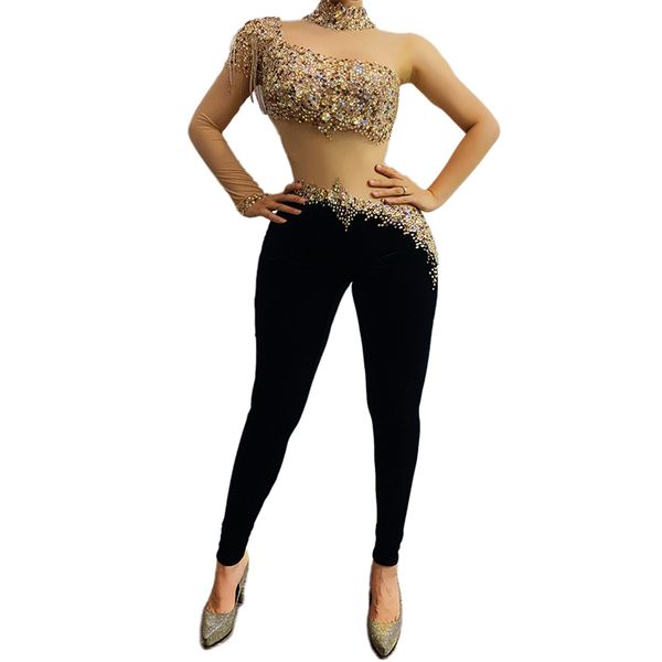 stage wear female singer sleeveless rhinestone mesh velvet jumpsuit costume rave pold dance performance clothing dt2064, Black;red
stage wear female singer sleeveless rhinestone mesh velvet jumpsuit costume rave pold dance performance clothing dt2064, Black;red