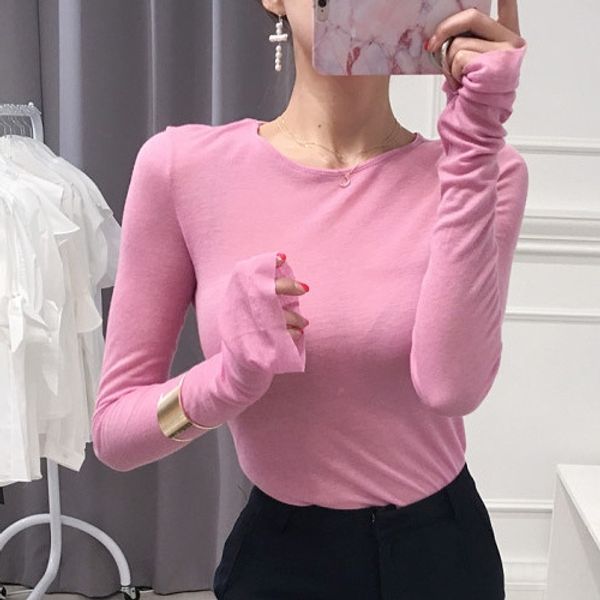 2019 long-sleeved t- t- shirt women's elastic slim round collar base shirt simple slim micro transparent pink top, White
2019 long-sleeved t- t- shirt women's elastic slim round collar base shirt simple slim micro transparent pink top, White