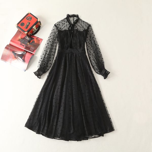european and american women's fashion 2019 spring new style gauze dot jacquard collar long sleeve dress with lantern sleeves, Black;gray
european and american women's fashion 2019 spring new style gauze dot jacquard collar long sleeve dress with lantern sleeves, Black;gray