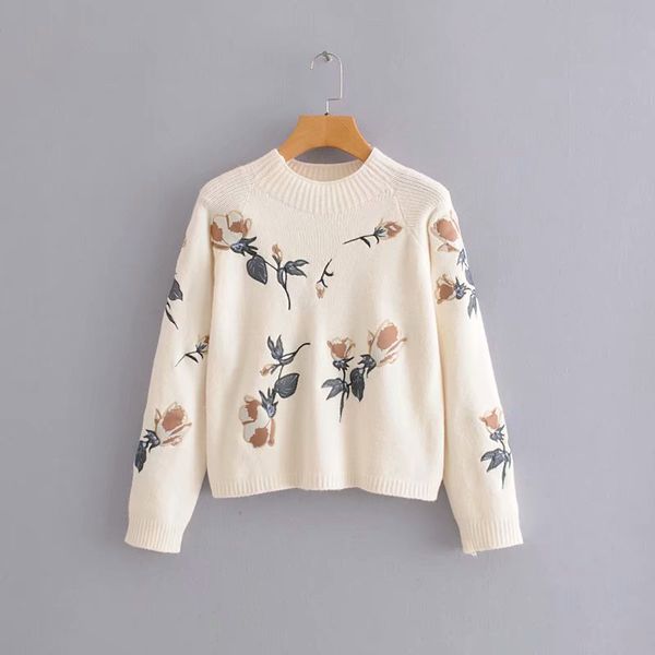 korean women's 2019 autumn and winter new short round neck flower patch embroidery sweater women;embroidered sweater female, White;black