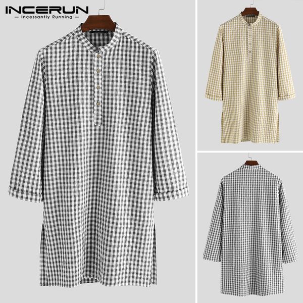 incerun clothes men long shirts vintage plaid shirt man casual long sleeve stand collar robes loose muslim blouse, White;black 
incerun clothes men long shirts vintage plaid shirt man casual long sleeve stand collar robes loose muslim blouse, White;black