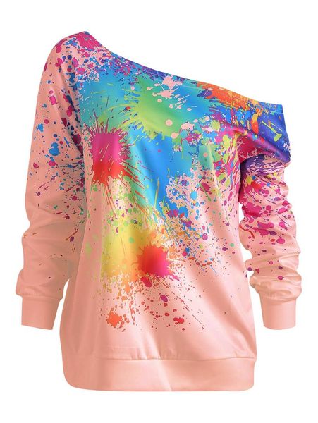 

langstar women spring long sleeve casual sweatshirt paint splatter skew neck sweatshirt female pullover loose streetwear hoodie, Black