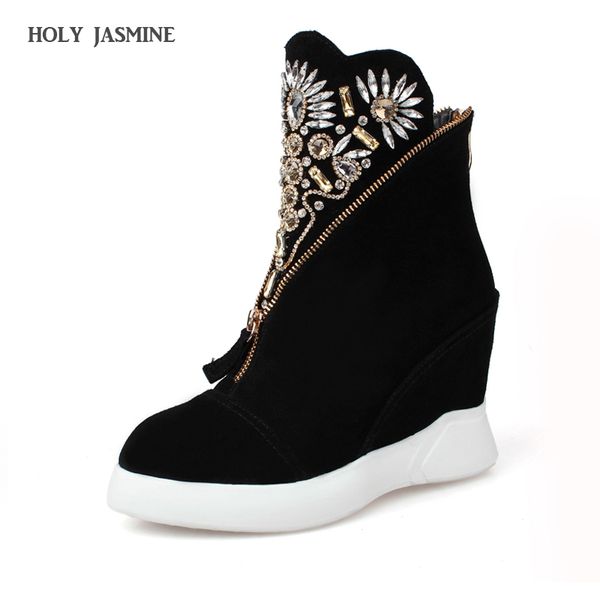 2017 new women's genuine wedge platform rhinestone fashion ankle boots comfort winter front zip short booties female footwear, Black
2017 new women's genuine wedge platform rhinestone fashion ankle boots comfort winter front zip short booties female footwear, Black