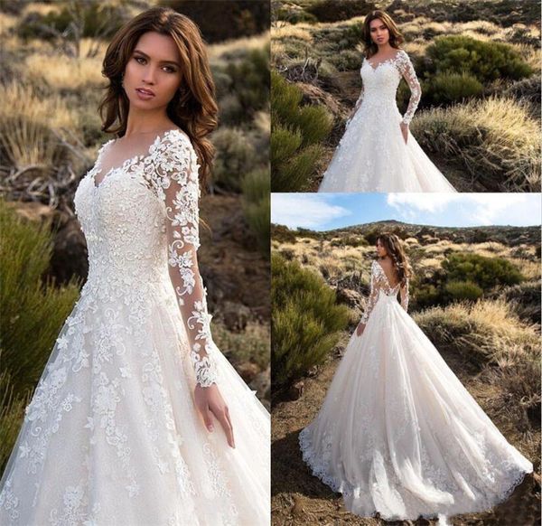 gorgeous sheer long sleeves wedding dresses 2019 backless lace tulle court train bridal gowns custom made, White
gorgeous sheer long sleeves wedding dresses 2019 backless lace tulle court train bridal gowns custom made, White