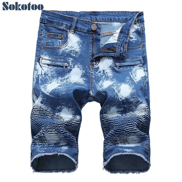 men's tie and dyed pleated biker shorts for moto plus size slim straight stretch denim fringe jeans, Blue
men's tie and dyed pleated biker shorts for moto plus size slim straight stretch denim fringe jeans, Blue