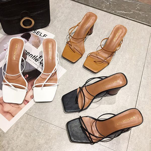 2020 summer wear square head thick heeled heel slippers thin belt shoes high heel clip toe, Black