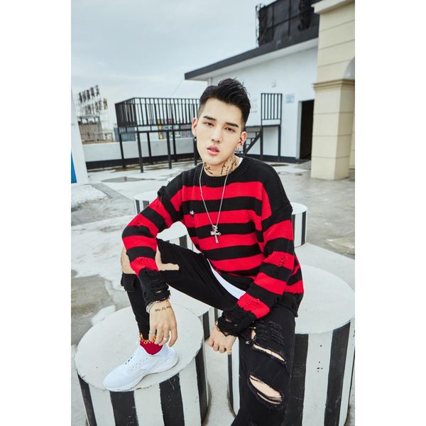 black red striped hole sweater knit high street loose oversize sweater men's long sleeve cotton o neck pullover sweaters, White;black
black red striped hole sweater knit high street loose oversize sweater men's long sleeve cotton o neck pullover sweaters, White;black