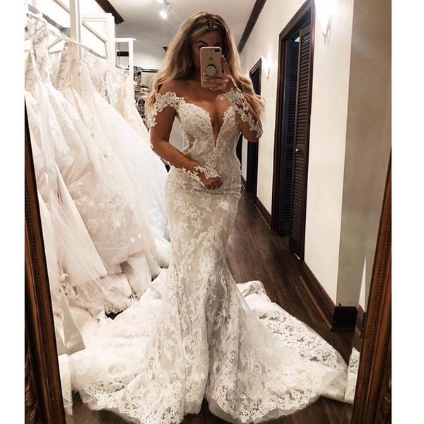 fabulous mermaid wedding dresses sheer off shoulder long sleeves lace bridal gowns sweep train plus size wedding dress cheap, White
fabulous mermaid wedding dresses sheer off shoulder long sleeves lace bridal gowns sweep train plus size wedding dress cheap, White