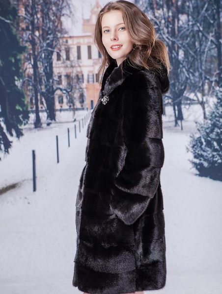 2020 new block long section of thin mink hooded mink coat integrin 1009, Black