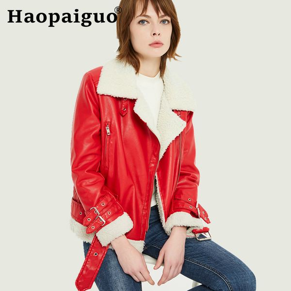 women's leather & faux red cashmere patchwork pu jacket women classic moto biker winter autumn ladies thick warm coat outerwear, Black
women's leather & faux red cashmere patchwork pu jacket women classic moto biker winter autumn ladies thick warm coat outerwear, Black