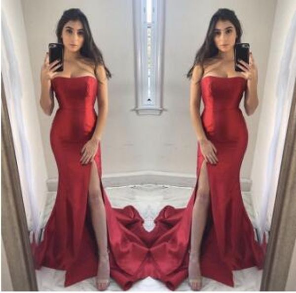 red sleeveless side slit mermaid evening dresses strapless zipper back silk satin sweep train prom gowns, Black
red sleeveless side slit mermaid evening dresses strapless zipper back silk satin sweep train prom gowns, Black