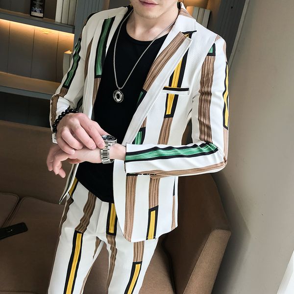 men's colored striped 2 piece suit slim fit tuxedo blazer jacket pants vest set groom wedding blazer suits, White;black
men's colored striped 2 piece suit slim fit tuxedo blazer jacket pants vest set groom wedding blazer suits, White;black