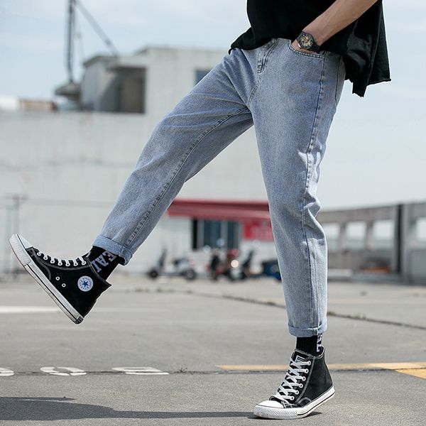 2019 autumn men's new washed straight jeans men waist casual comfortable micro-elastic side seam pocket nine pants, Blue
2019 autumn men's new washed straight jeans men waist casual comfortable micro-elastic side seam pocket nine pants, Blue