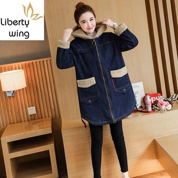 lambswool lining winter warm womens thick denim hooded casual long sleeve zipper loose fit female medium length coats, Black
lambswool lining winter warm womens thick denim hooded casual long sleeve zipper loose fit female medium length coats, Black