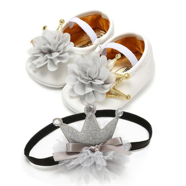 2pcs Child Bow Shoes Baby Hairband Girl First Walker Shoe Sneaker Anti-slip Soft Sole Gift Set Birthday Party Princess Shoes