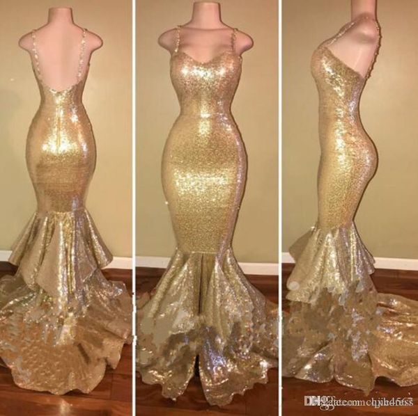 2019 new design sparkly gold sequins mermaid prom dresses spaghetti open back ruffles sweep train evening gowns pageant dress formal aw284, Black
2019 new design sparkly gold sequins mermaid prom dresses spaghetti open back ruffles sweep train evening gowns pageant dress formal aw284, Black
