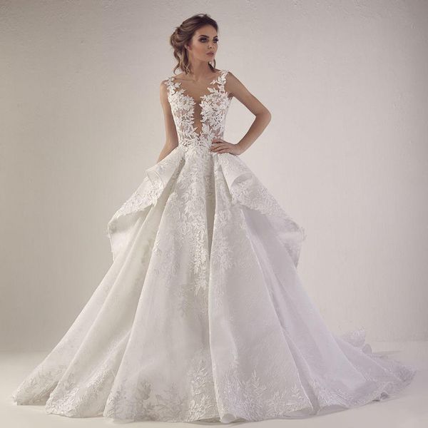 Junoesque Princess See Through Top Ball Gown Wedding Dresses Jewel Neck Backless Ruffles Waist Lace Appliques Wedding Gown Sweep Train
Junoesque Princess See Through Top Ball Gown Wedding Dresses Jewel Neck Backless Ruffles Waist Lace Appliques Wedding Gown Sweep Train