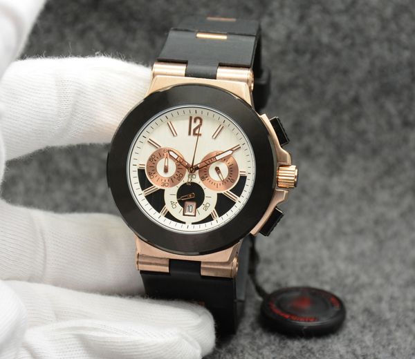 outdoor new man wristwatch 42mm quartz chronograph mens watches black bezel pink gold case with rubber strap with gold stainless steel links, Slivery;brown
outdoor new man wristwatch 42mm quartz chronograph mens watches black bezel pink gold case with rubber strap with gold stainless steel links, Slivery;brown