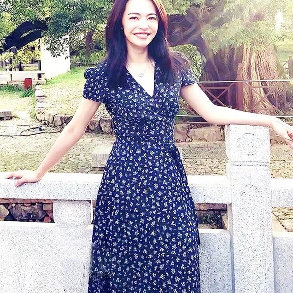 2020 summer star with the same french floral waist waist temperament dress, Black;pink
