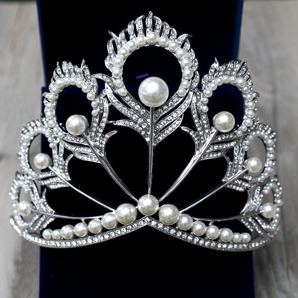 

chic crystal tiara vintage peacock bridal hair accessories for wedding quinceanera tiaras and crowns pageant pearls headband, Golden;white