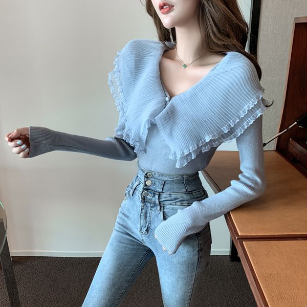 double layer big ruffles pleated collar knitted women sweater autumn winter fancy slim jersey mujer pull femme, White;black
double layer big ruffles pleated collar knitted women sweater autumn winter fancy slim jersey mujer pull femme, White;black