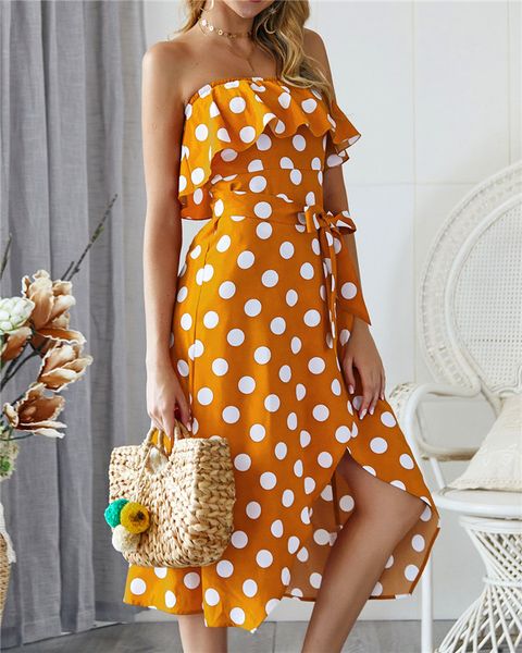 Summer Polka Dot Print Strapless Lady Dress Sashes Split Ruffle Hi-Lo Party Dress Falbala Strapless Classic Dress
Summer Polka Dot Print Strapless Lady Dress Sashes Split Ruffle Hi-Lo Party Dress Falbala Strapless Classic Dress