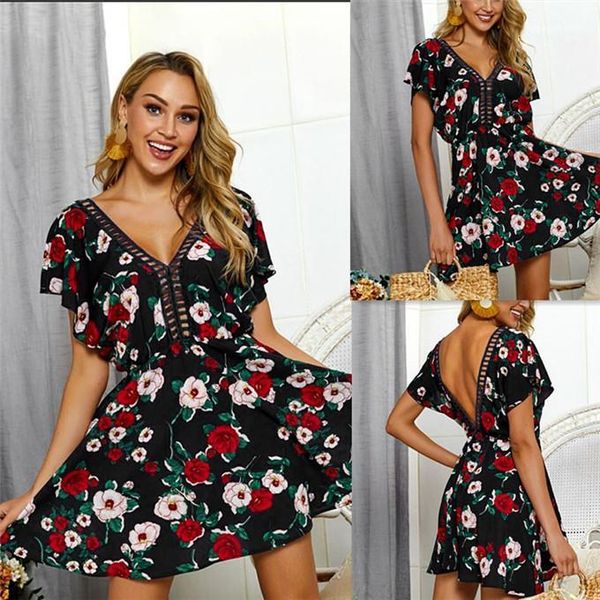 women dresses v neck womens flora printed dresses short sleeve backless fashion, Black;gray
women dresses v neck womens flora printed dresses short sleeve backless fashion, Black;gray