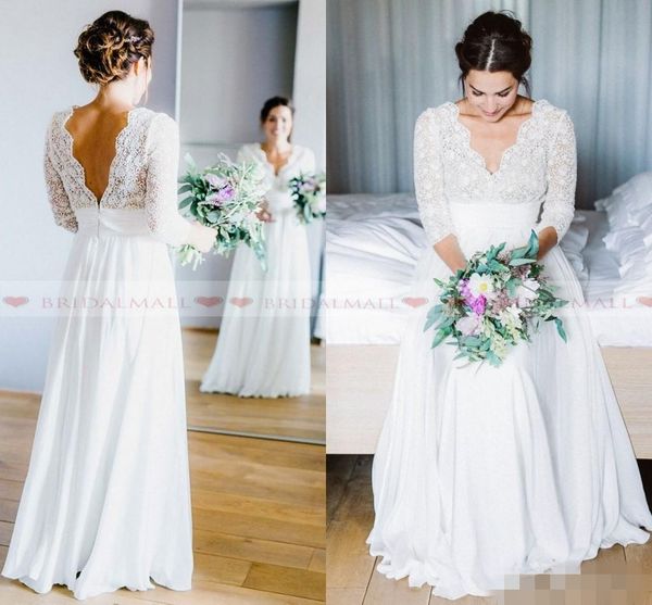 2019 country a line wedding dresses with 3/4 long sleeves lace chiffon lace chiffon custom made v neck floor length wedding bridal gown, White
2019 country a line wedding dresses with 3/4 long sleeves lace chiffon lace chiffon custom made v neck floor length wedding bridal gown, White