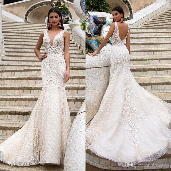 2017 lace backless wedding dresses mermaid plunging neckline appliqued trumpet wedding dress tulle beaded country bridal gowns, White
2017 lace backless wedding dresses mermaid plunging neckline appliqued trumpet wedding dress tulle beaded country bridal gowns, White