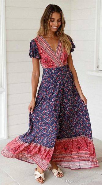 womens summer designer floral print bohemian dresses v neck split short sleeve female clothing fashion maxi casual apparel, Black;gray
womens summer designer floral print bohemian dresses v neck split short sleeve female clothing fashion maxi casual apparel, Black;gray
