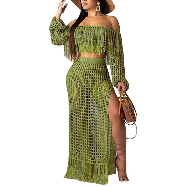 2pcs/set fashion summer club party women off shoulder long sleeve tassel hollow short crop bodycon lady split skirt, White
2pcs/set fashion summer club party women off shoulder long sleeve tassel hollow short crop bodycon lady split skirt, White