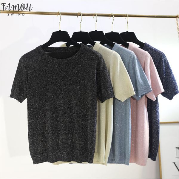 lurex short sleeve women summer glitter basic knit t shirt o neck loose bling t shirt solid shiny tee female pullover top, White
lurex short sleeve women summer glitter basic knit t shirt o neck loose bling t shirt solid shiny tee female pullover top, White