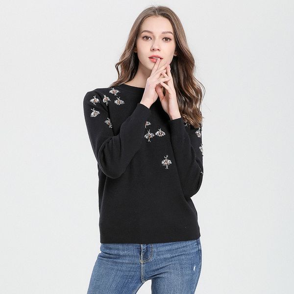 2020 autumn winter womens tide brand light luxury diamond beaded wild bee sweater female sweater wholesale ins style, White;black
2020 autumn winter womens tide brand light luxury diamond beaded wild bee sweater female sweater wholesale ins style, White;black