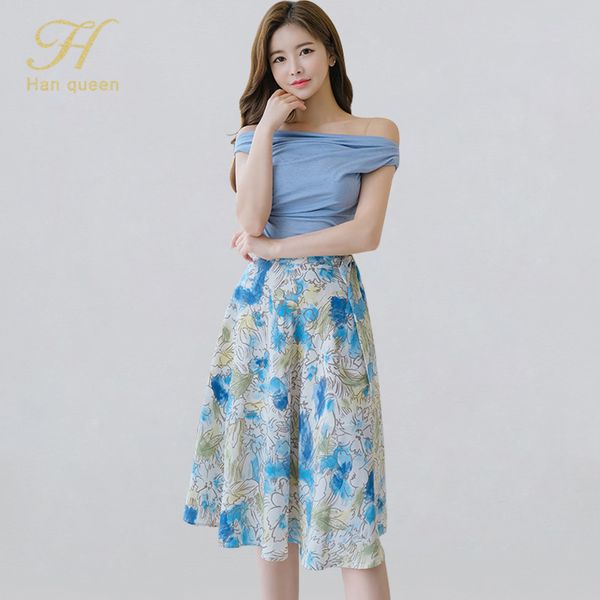 h han queen summer 2 pieces suit womens slash neck blouses & high waist print a-line skirt korean simple occupation women's sets, White
h han queen summer 2 pieces suit womens slash neck blouses & high waist print a-line skirt korean simple occupation women's sets, White