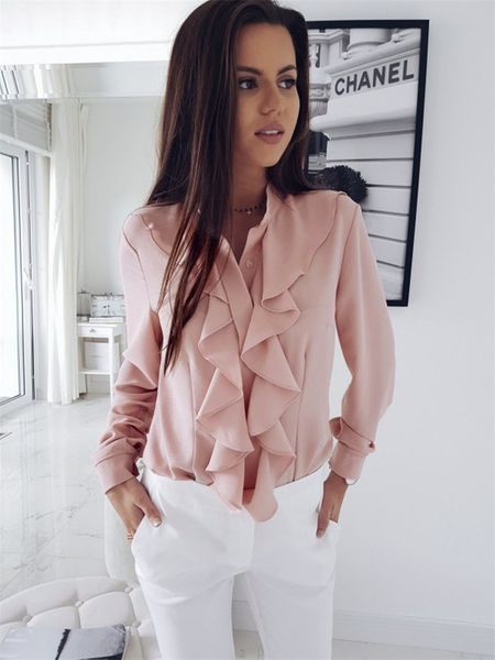 ruffled crew neck womens shirts designer long sleeve casual shirts solid business shirts, White
ruffled crew neck womens shirts designer long sleeve casual shirts solid business shirts, White