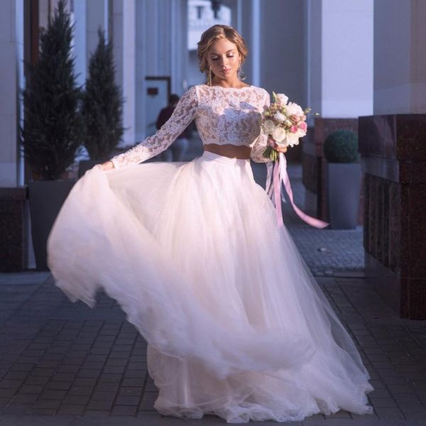 two pieces wedding dresses jewel a line tulle and lace long sleeves bridal dress sweep train wedding vestidos beach wear, White
two pieces wedding dresses jewel a line tulle and lace long sleeves bridal dress sweep train wedding vestidos beach wear, White