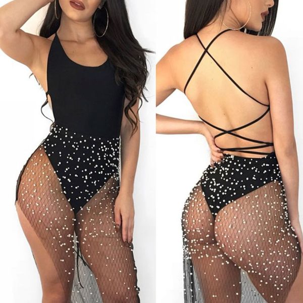 fishnet pearl beach skirt women see through bikini cover up swimwear sheer beach wrap spilt skirt sarong pareo dress, Blue;gray