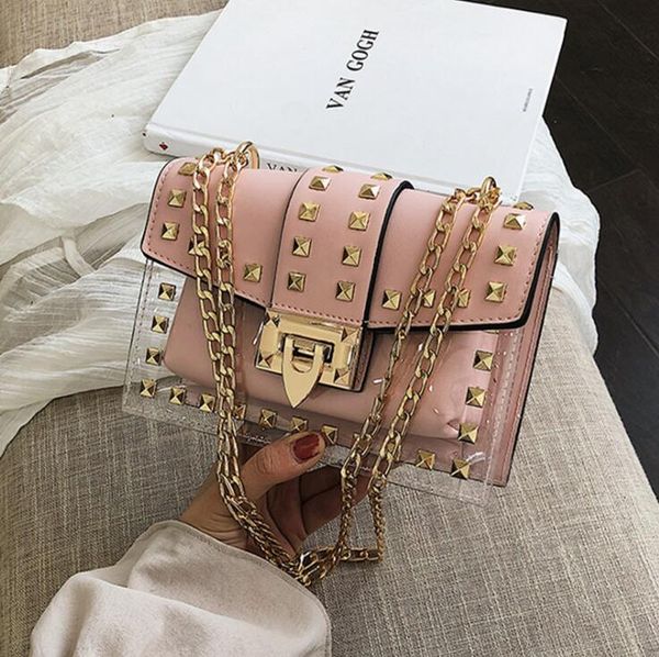 small clear brand designer woman fashion messenger bag chains shoulder bag female rivets transparent square pu handbag
small clear brand designer woman fashion messenger bag chains shoulder bag female rivets transparent square pu handbag