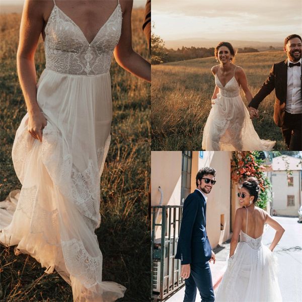 spaghetti strap boho wedding dresses sleeveless backless lace appliqued a-line bridal dress beach vestidos de novia, White
spaghetti strap boho wedding dresses sleeveless backless lace appliqued a-line bridal dress beach vestidos de novia, White