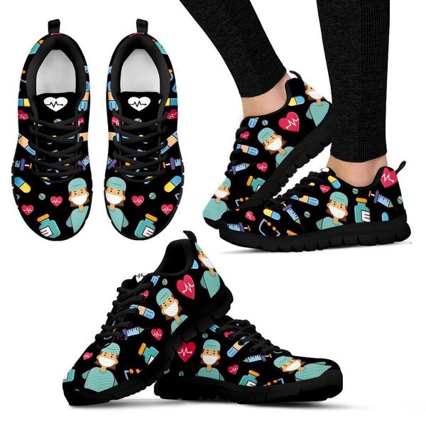 thikin women black mesh shoes with kawaii cartoon print sneakers for summer spring outdoor walking flat shoe breathable